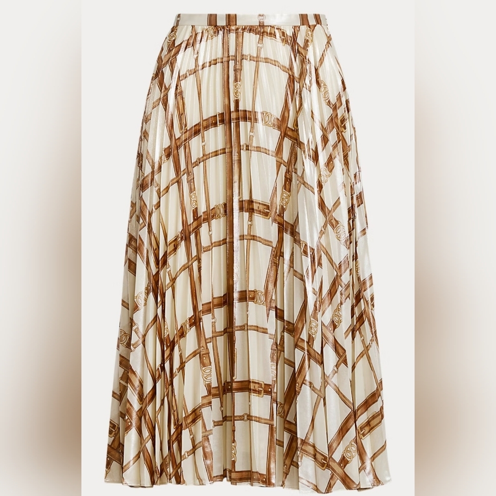 NWT Lauren Ralph Lauren Belt Print Pleated Metallic Midi Skirt Size 10 - Picture 2 of 5